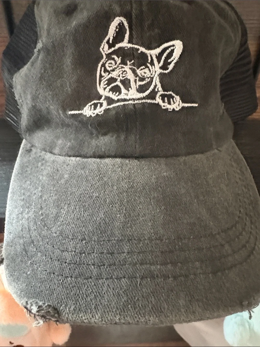 Black Washed Trucker Hat with White French Bulldog Embroidery - Picture 4 of 5